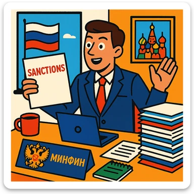 Russian Ministry of Finance employee dealing with sanctions, bright colors, professional attire, animated expression, dynamic office setting, Russian cultural elements sticker