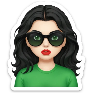 current charli xcx with her long black wavy hair, thick black out sunglasses, pale skin, closed pouting lips, and a bright green top that said brat in the brat font. sticker