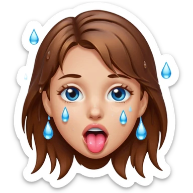 Girl with brown hair, blue eyes, a wet face and her tongue out. Can you make her face more wet? Can you add clear water droplets on her face and tongue? No water below her. Just on her face, hair and tongue. Can you make the water more slimy  sticker