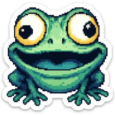 Make the derpy frog with big cute eyes even derpier, exaggerate the silly expression, in pixel art style with no background. sticker