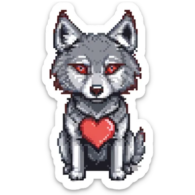 black and red wolf with heart-shaped eyes pixel art sticker