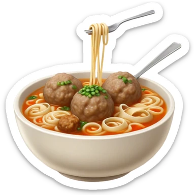 Cinematic Realistic Bakso Dish Emoji, showcasing savory meatball soup with noodles rendered with detailed textures and warm, inviting lighting. sticker