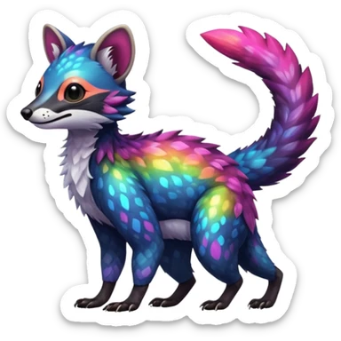 Colorful Fruity Iridescent Warm-colored Tropical Exotic Vernid-Sergal-Trico-Civet-fusion-hybrid-animal-creature, full body sticker
