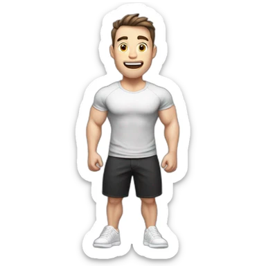 amazed Open with surprise mouth Pale skinned Fit Man With the biceps and dark brown hair in black shirt, gray sports shorts and white Sneakers sticker
