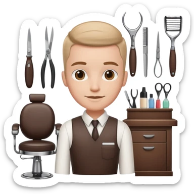 virtual assistant character in a small barber shop, friendly, digital, with barber tools sticker