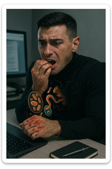 Anxious man at office desk unconsciously biting fingernails, microscopic overlay showing parasitic eggs and bacteria concentrated under nail beds, worms and microorganisms being consumed with each bite, expression of nervous habit unaware of contamination, computer screen reflecting his stress while he infects himself, fingertips raw and bleeding from chronic nail-biting, invisible parasite colonies entering his digestive system sticker