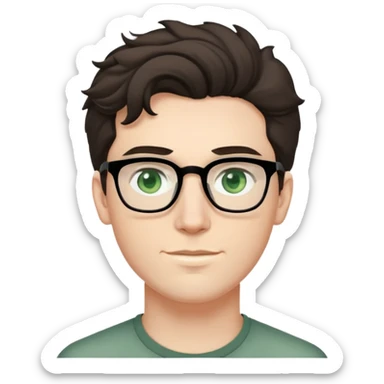 young man with pale skin, dark tall voluminous slightly wavy hair styled up high on head but not curly, wearing glasses with green eyes and very light stubble, with a slight smile sticker