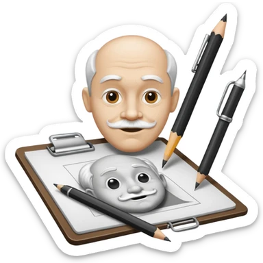 Create an icon representing the process of creating a black-and-white caricature. Include a pencil, a sketchpad with a humorous, exaggerated figure, and inking tools. Use bold lines and shading, with a transparent background. sticker