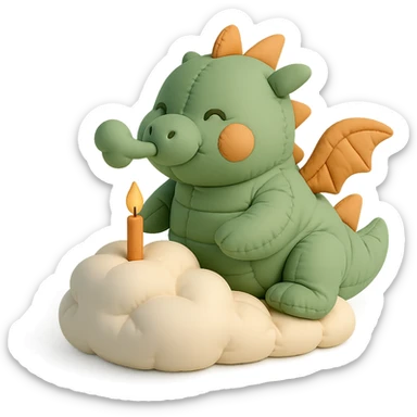 happy dragon blowing out 1 candle on cloud cake, cushion style sticker