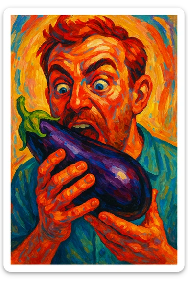man eating a big eggplant, style 2 sticker