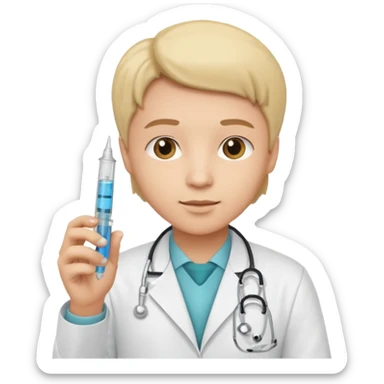 emoji comprando con traje de doctora con una jeringa en la mano sticker