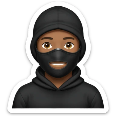 Crie um homem de blusa preta e capuz preto, balaclava preta, boné preto sticker
