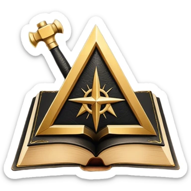 A black and gold book with an aged leather texture, embossed with an alchemical symbol, a compass, or a forging hammer, exuding wisdom, mastery, and the relentless pursuit of greatness. - book on mastery ... silhouette of a triangle  sticker