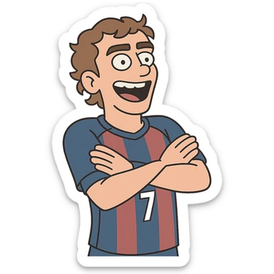 Griezmann goal celebration, football player, arms crossed, wearing football jersey, energetic pose, cartoon style sticker