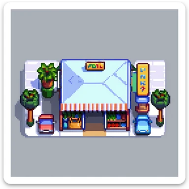 Isometric view of a supermarket building exterior with parking lot, shopping carts, and store sign sticker