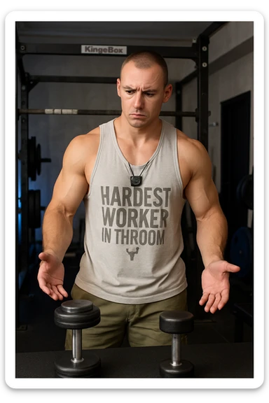 Realistic vertical image of a muscular man in a gym, with face and physique identical to the reference photo. In front of him are two dumbbells of different weights, expression undecided and focused, gaze evaluating which to choose. Gym atmosphere, detailed and realistic. sticker