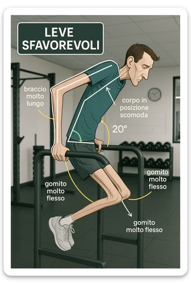 a tall, lean man with very long arms and a short torso attempts a dip on parallel bars. His elbows are deeply bent and his body appears awkwardly positioned, highlighting the mechanical disadvantage. An overlay shows anatomical lines and angles, with labels explaining “Leve Sfavorevoli” The background is a modern gym, with a focus on biomechanics. in italiano sticker