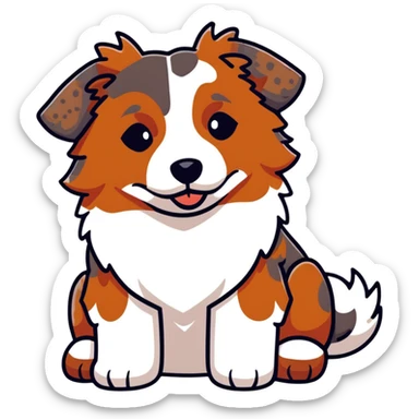 Red merle Australian Shepherd dog laying down, reddish-brown and white spotted coat, fluffy fur sticker