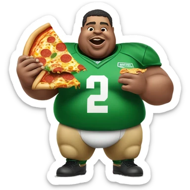 Fat pigman wearing a green Marshall football jersey eating globs of cheesy pizza  sticker