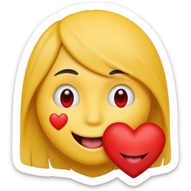 yellow emoji face holding a heart and hes so happy with emo hair covering one eye so happy with teeth and tongue sticker