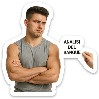 realistic young bodybuilder with a skeptical look, crossing arms and ignoring a paper with the text 'Analisi del sangue', atmosphere of refusal, Italian text, white background, 4K quality sticker