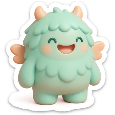 adorable monster with fluffy fur, tiny wings, happy expression, soft color palette sticker