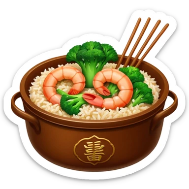 Chinese dish shrimp with broccoli and rice in Chinese container  sticker