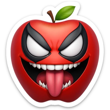 Venom symbiote apple style emoji, tongue sticking out, intense and energetic expression sticker