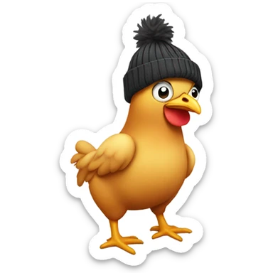 Chicken wearing underwear with a beanie sticker