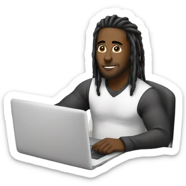 Black-guy-with-dreads-wearing-black-trackstuit-sitting-down-on-chair facing-foward-focused-on-laptop-computer- sticker
