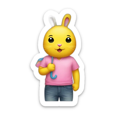 Pink rabbit yellow tee shirt blue umbrella sticker