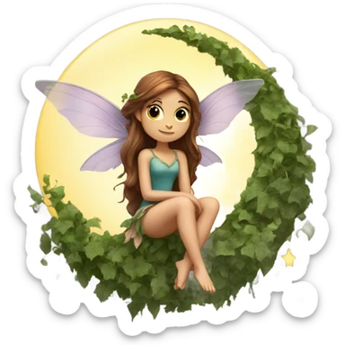 Female fairy, wings, long brown hair, sitting on crescent moon, vines sticker