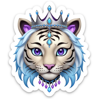 ESO Female white/black tiger khajiit leader of the umbral rose, glowing blue eyes, glowing blue 'third eye' gem, black beaded dreadlocks; silver crown/tiara with purple gems sticker