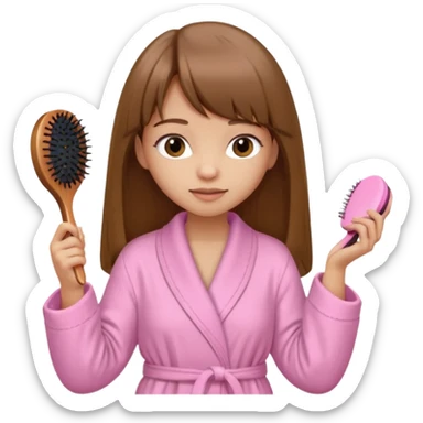a girl with light skin and medium brown long hair with bangs who is brushing her hair with a hairbrush and she is wearing a light pink bathrobe sticker