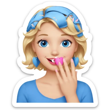Girl Blonde short wavy hair,  blue eyes, cute blue top, long lashes, pink lips, smiling, hand covering the mouth sticker