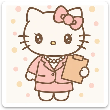 elegant businesswoman cat character in the Hello Kitty universe, pastel pink tailored suit, pearl necklace, holding a clipboard, soft cute features, kawaii style sticker