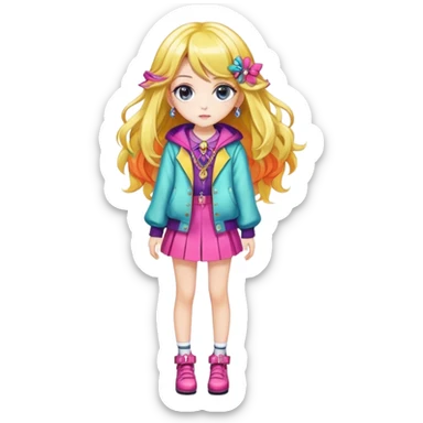 Pretty, stylish, kawaii, sparkly, lovely, shiny, accessories, anime style, character, real life, big eyes, cute, gorgeous hair, full body, stylish clothing, lady, young, romantic, colorful, detailed, cool design, aesthetic sticker