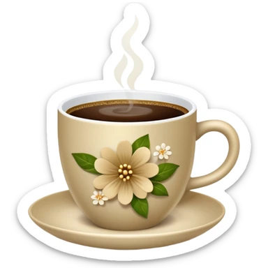 Cinematic Realistic sophisticated cup filled with khaki coffee with flower ornament sticker