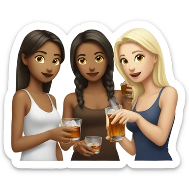 Two brunette girls and one blonde girl are drinking whiskey from an ice glass sticker