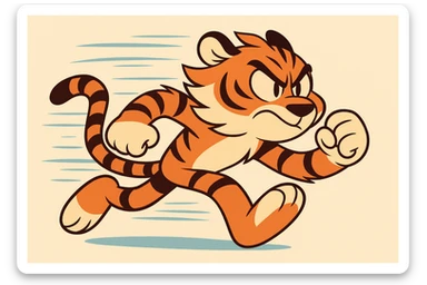 a tiger character dashing forward, with wind-swept fur and a determined face, inspired by Sonic the Hedgehog's iconic running pose, vibrant and bold colors, cartoon style sticker