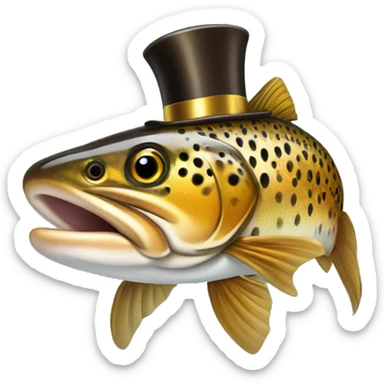 Brown trout wearing a top hat on head and a gold chain around his neck sticker
