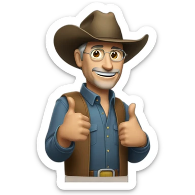 Steve Jobs with a cowboyhat putting thumbs up sticker