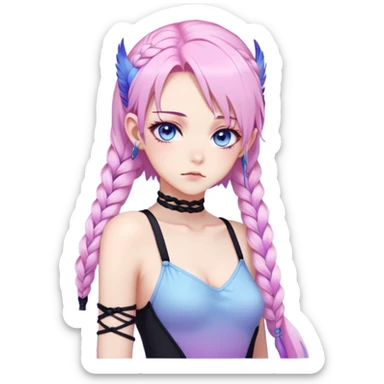 Gorgeous beautiful pretty grumpy anime lady long-pale-whitish-pastel-pink-hair with one braid on each side, hanging gradient-purple-pink feather-ear-cuffs on each side in hair, black bodysuit, blue eyes, pink iris, ethereal, fashion aesthetic  sticker