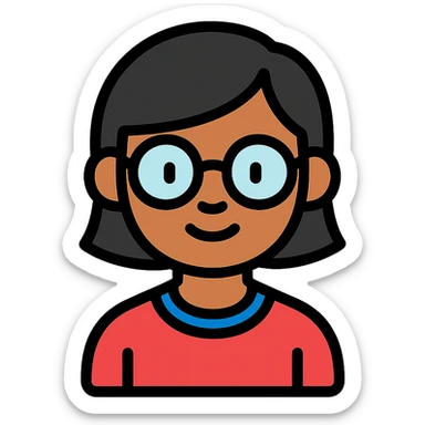 Asian girl with tan skin, short black hair, and glasses, color outline icon sticker