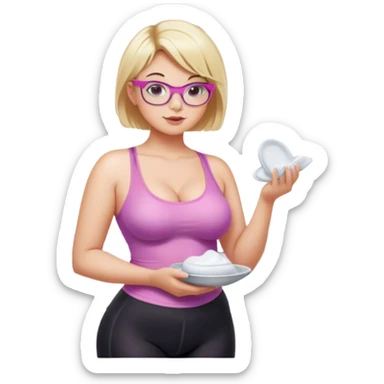 Seductive, Curvy fair skinned woman, short blond hair, small light purple reading glasses, washing dishes, SFW sheer pink tank top, without undergarments SFW, black yoga pants, thick booty sticker