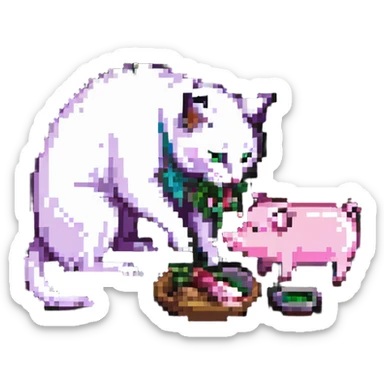 A cat eats a pig sticker