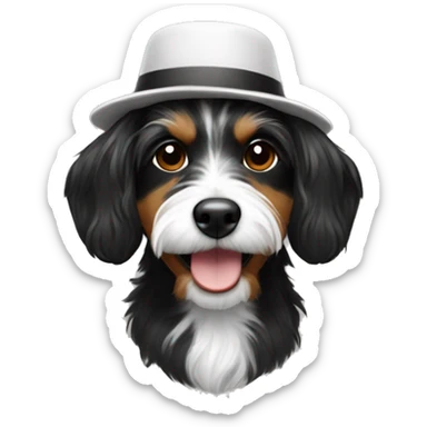 Black and white shitzu mixed with dachshund with shaggy hair wearing a hat sticker