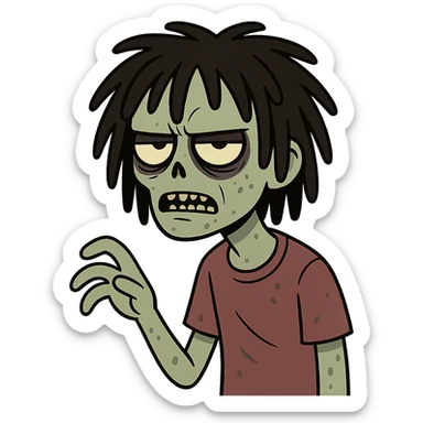 creepy cartoon boy zombie, black shaggy freeform dreadlocks, medium long, dark and haunting expression sticker