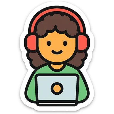 curly hair girl with headphones and a laptop, color outline icon sticker