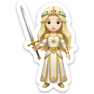 Lumine (from Genshin Impact) White and golden clothes, blonde, long-haired, with flower hair clip, and wielding a sword (full body) sticker